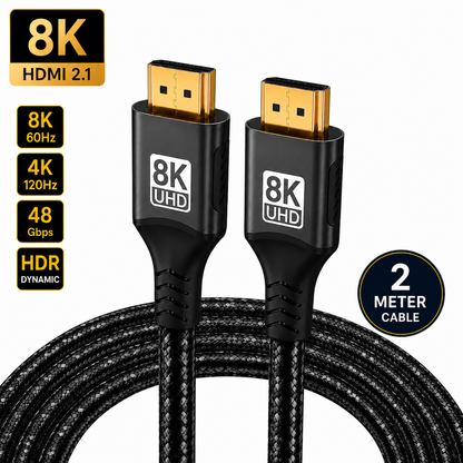 Black HDMI 2.1 cable with 8K UHD connectors, shown coiled with feature callouts including 8K, 60Hz, 120Hz, 48 Gbps, HDR Dynamic, and 2 Meter Cable on a white background.