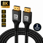 Black HDMI 2.1 cable with 8K UHD connectors, shown coiled with feature callouts including 8K, 60Hz, 120Hz, 48 Gbps, HDR Dynamic, and 2 Meter Cable on a white background.