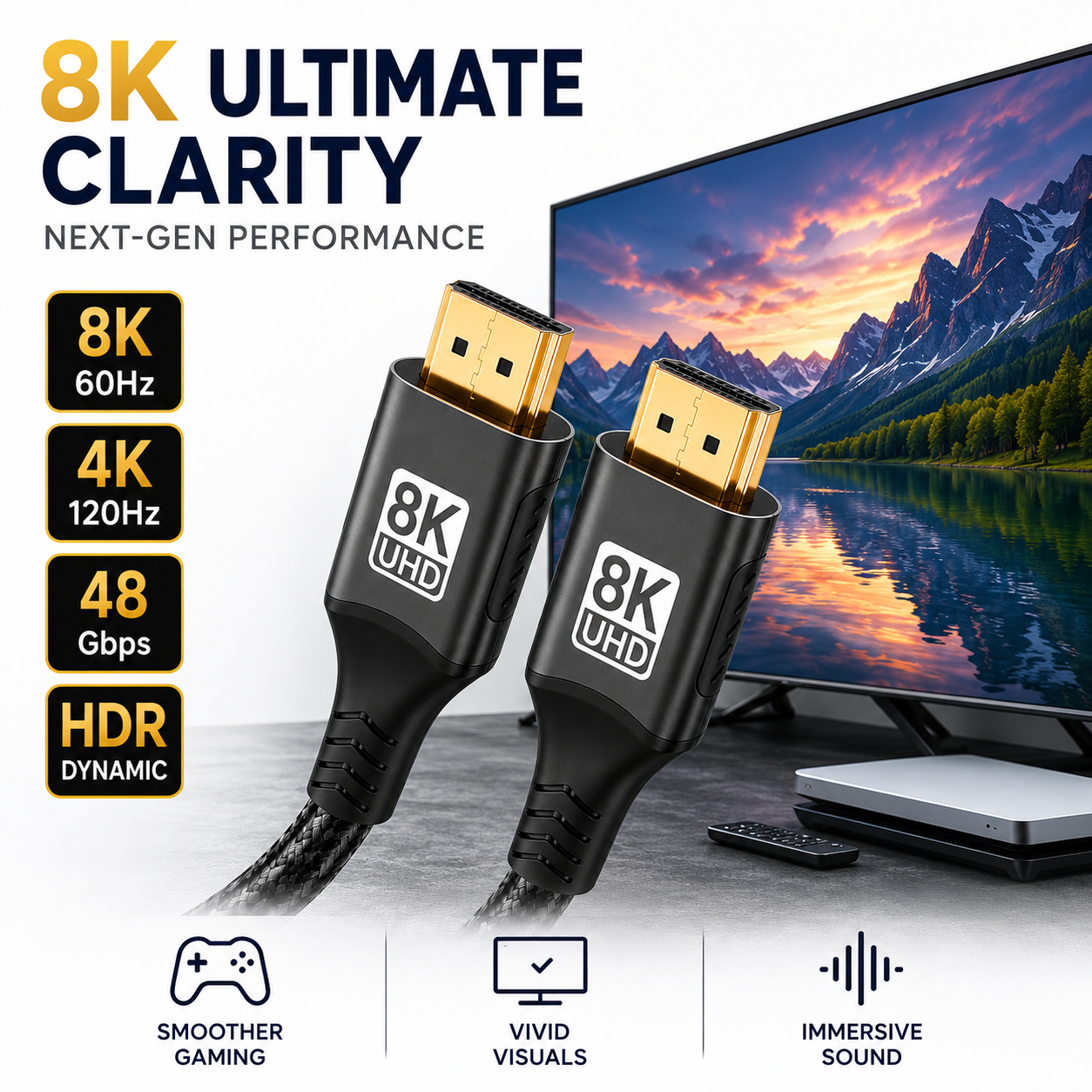 Two black 8K UHD HDMI cables with gold-plated connectors shown in front of a TV displaying a mountain lake landscape. The image includes marketing text reading '8K ULTIMATE CLARITY,' performance specs for 8K 60Hz, 4K 120Hz, 48 Gbps, and HDR dynamic, plus icons for smoother gaming, vivid visuals, and immersive sound.