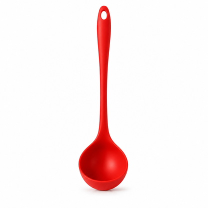 A bright red silicone ladle with a long handle and a hanging hole, shown on a clean white background.