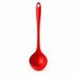 A bright red silicone ladle with a long handle and a hanging hole, shown on a clean white background.
