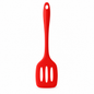 A bright red silicone spatula with three slotted holes in the head and a hanging hole at the top of the handle, shown on a plain white background.