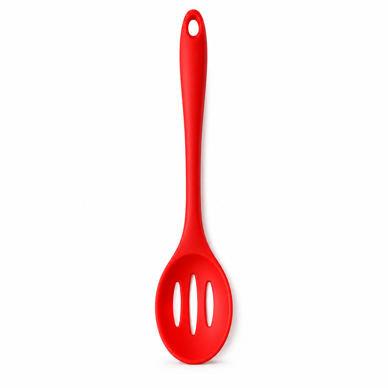 A bright red silicone ladle with three slotted holes in the bowl and a hanging hole at the top, shown on a plain white background.