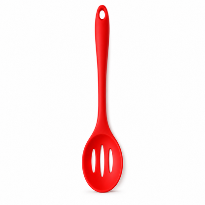 A bright red silicone ladle with three slotted holes in the bowl and a hanging hole at the top, shown on a plain white background.