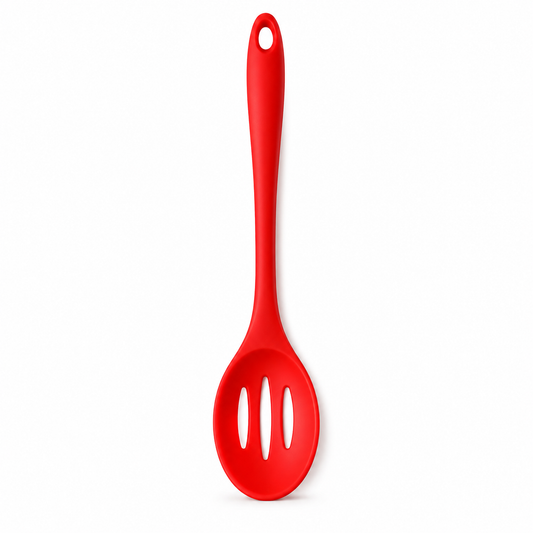 A bright red silicone ladle with three slotted holes in the bowl and a hanging hole at the top, shown on a plain white background.