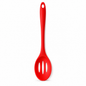 A bright red silicone ladle with three slotted holes in the bowl and a hanging hole at the top, shown on a plain white background.