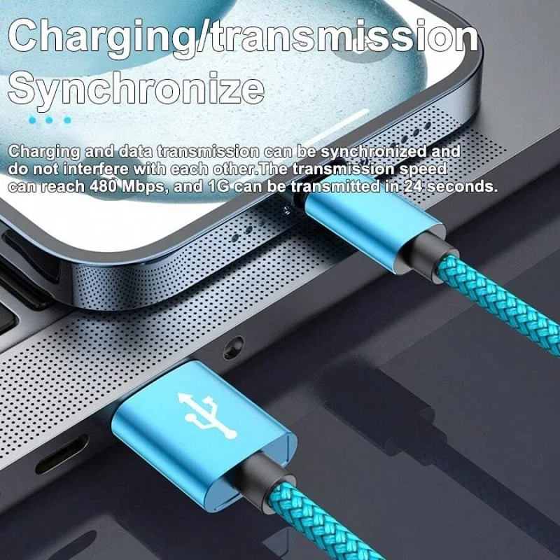 Blue charging cable connected to a device with text about synchronization and transmission speeds.