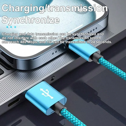 Blue charging cable connected to a device with text about synchronization and transmission speeds.