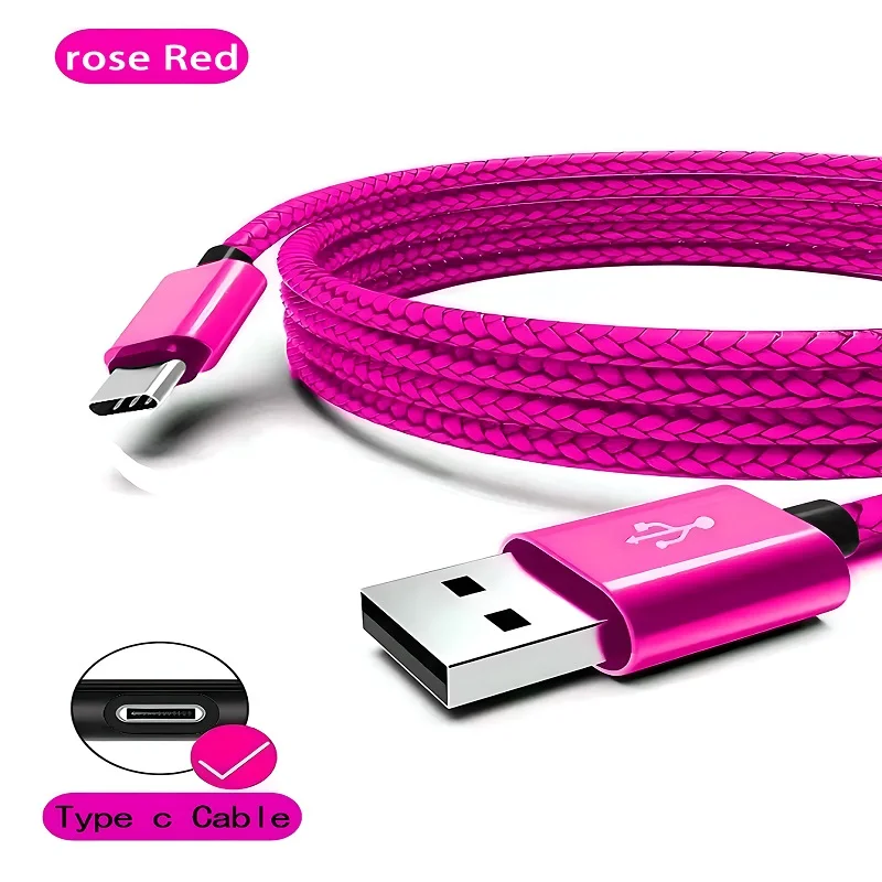 Pink USB cable with Type C connector on a white background