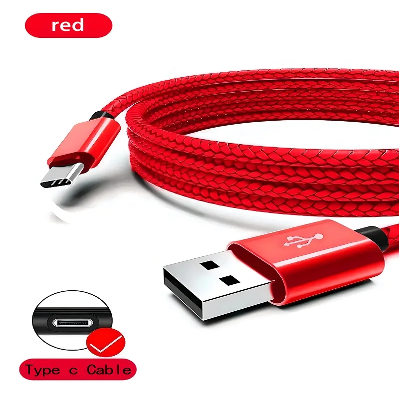 Red USB cable with Type C connector on a white background