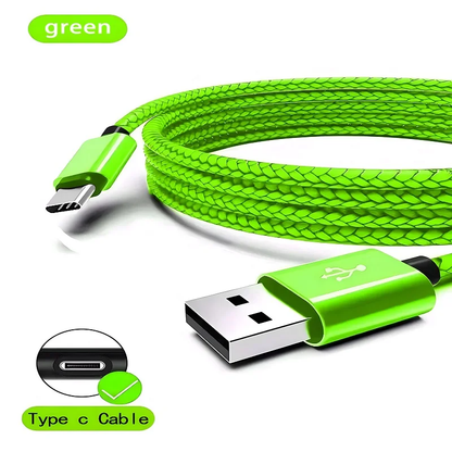 Green braided USB cable with Type C connector on a white background