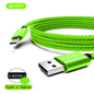 Green braided USB cable with Type C connector on a white background