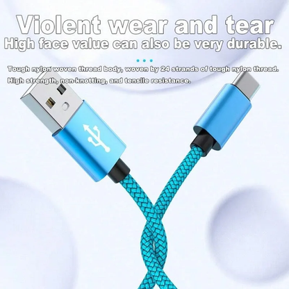 Blue braided USB cable with text about durability on a white background