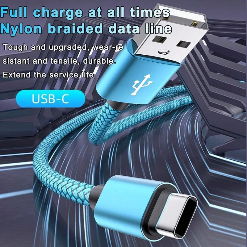 Blue USB-C cable with text highlighting features on a dark background