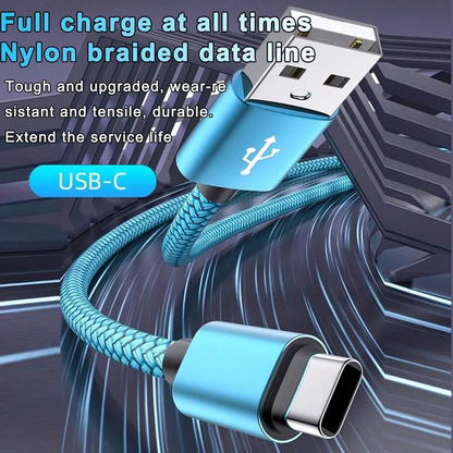 Blue USB-C cable with text highlighting features on a dark background