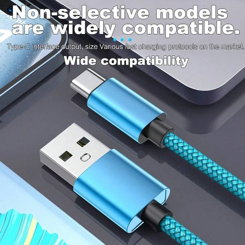 Blue USB cable with braided design on a dark surface