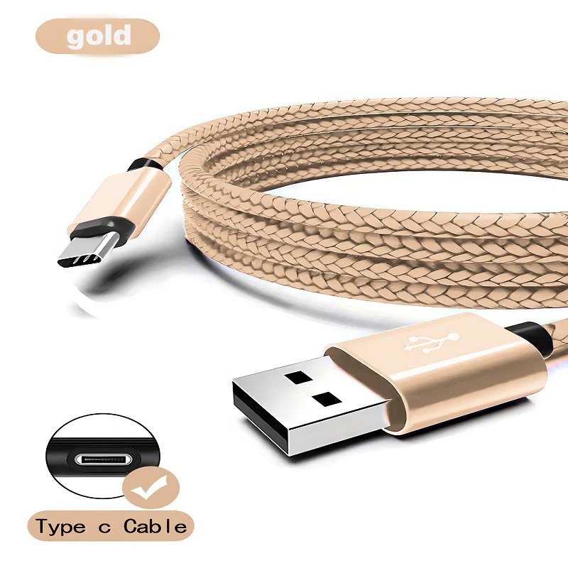Beige braided USB cable with Type C connector on a white background