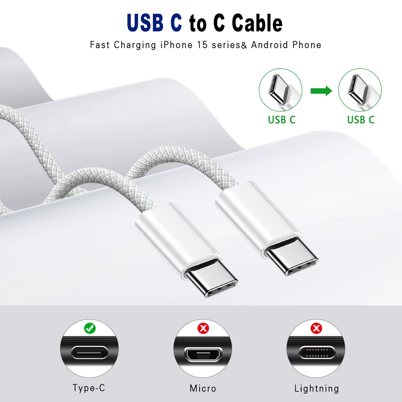 USB-C to USB-C Cable 60W PD Fast Charging – 1m & 2m | iPhone 16/15, Samsung, iPad