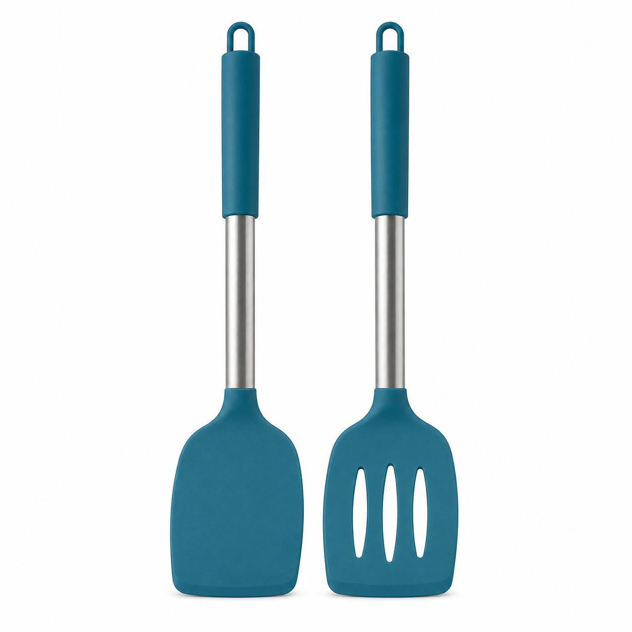 Two silicone kitchen utensils with teal handles and stainless steel shafts, shown on a plain white background. One utensil has a flat spatula head and the other has a slotted spoon head.