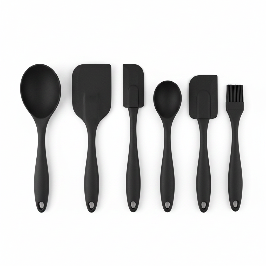 Set of black kitchen utensils including spoons, spatulas, and brushes on a white background