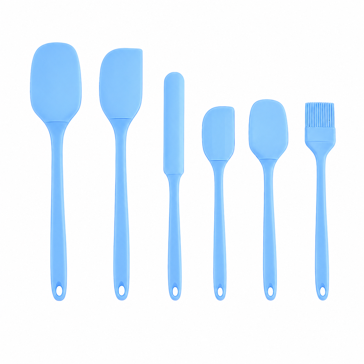 Set of blue silicone kitchen utensils on a white background