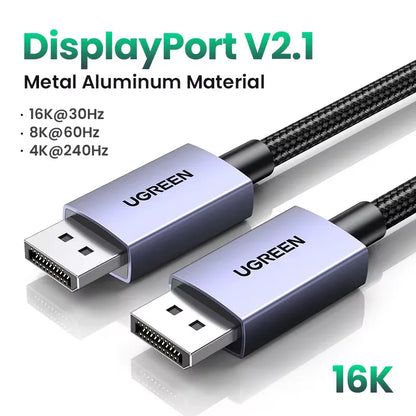 UGREEN DisplayPort V2.1 HDMI cable with metal aluminum connectors and a black braided cable, shown on a white background with product specifications text.