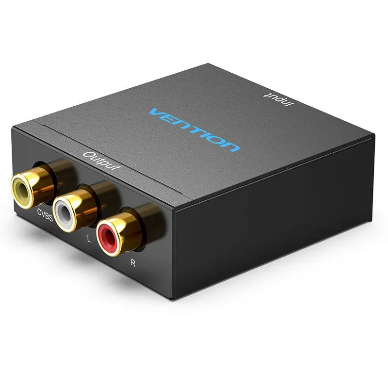 A Vention AV output splitter box in matte black, featuring three gold-plated RCA jacks labeled CVBS, L, and R on the front face, with the Vention brand name printed in blue on the top surface.