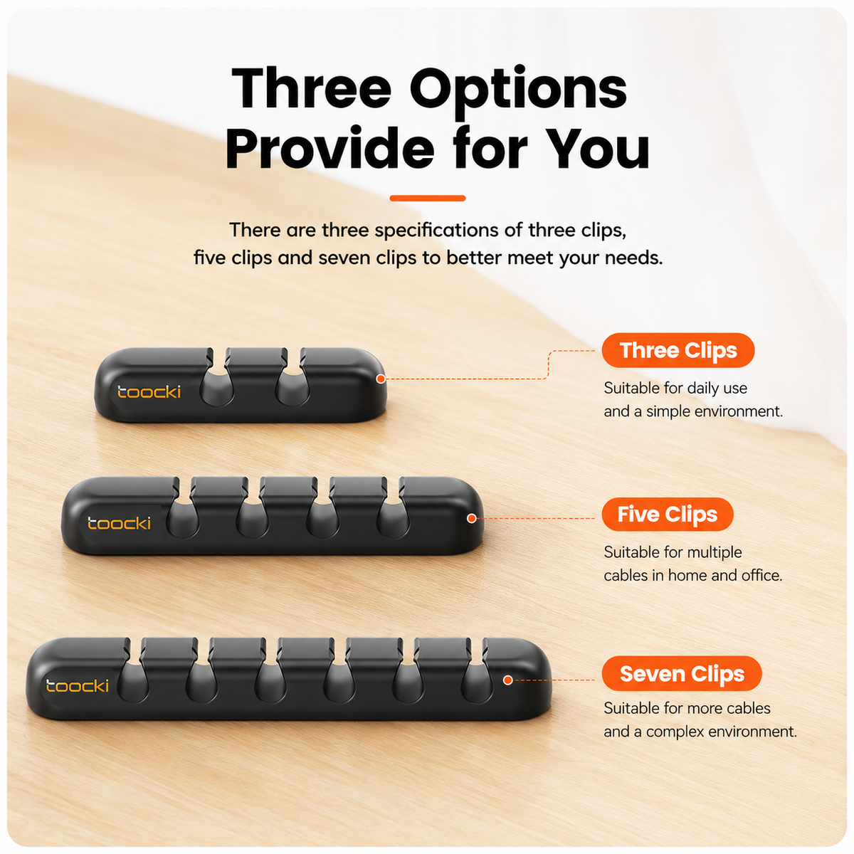 Three black toacki cable clips shown on a light wood surface, labeled for three, five, and seven clip options with explanatory text.