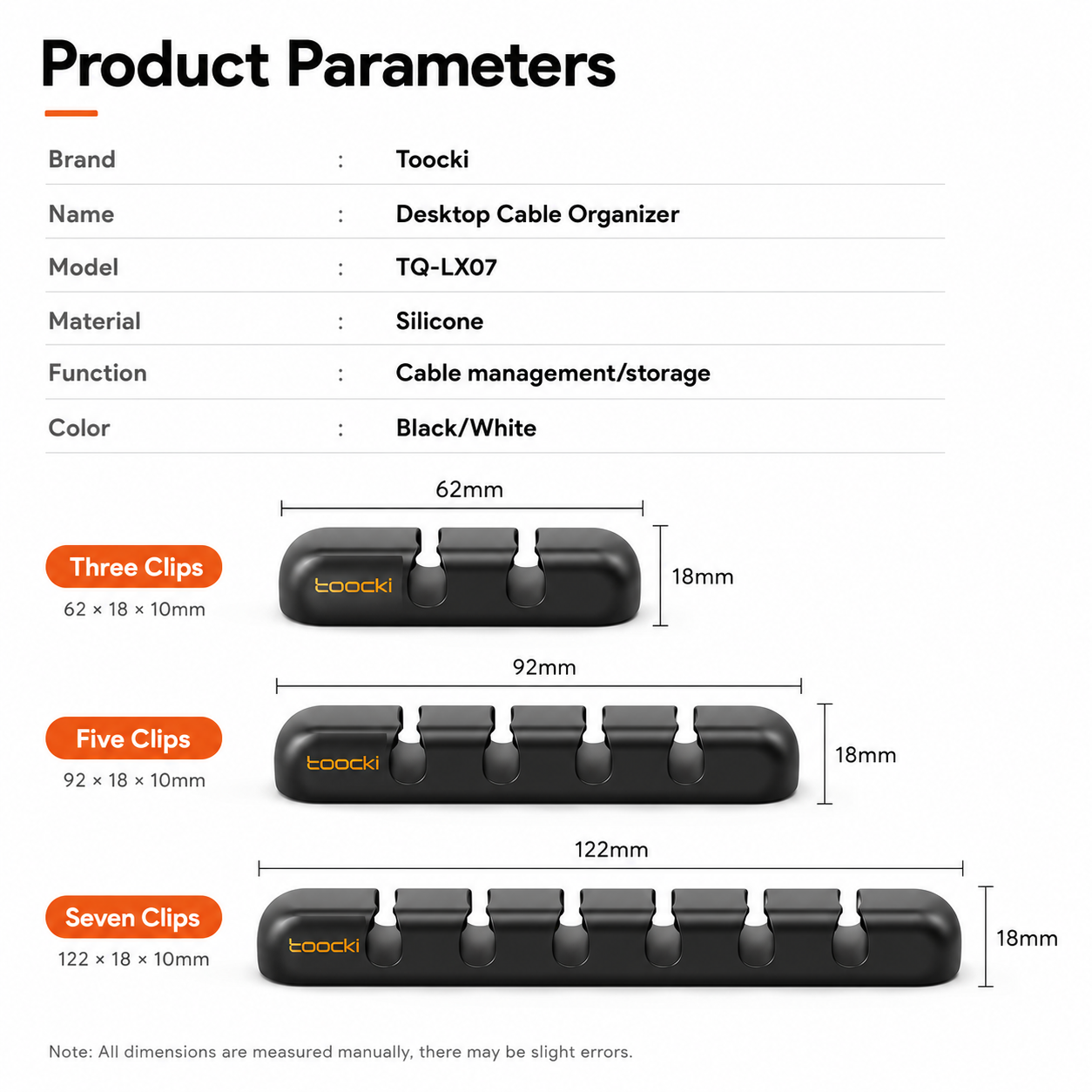 Product parameters chart for the Toocki Desktop Cable Organizer in black silicone, showing three different clip configurations (Three Clips, Five Clips, Seven Clips) with dimensions and measurements.