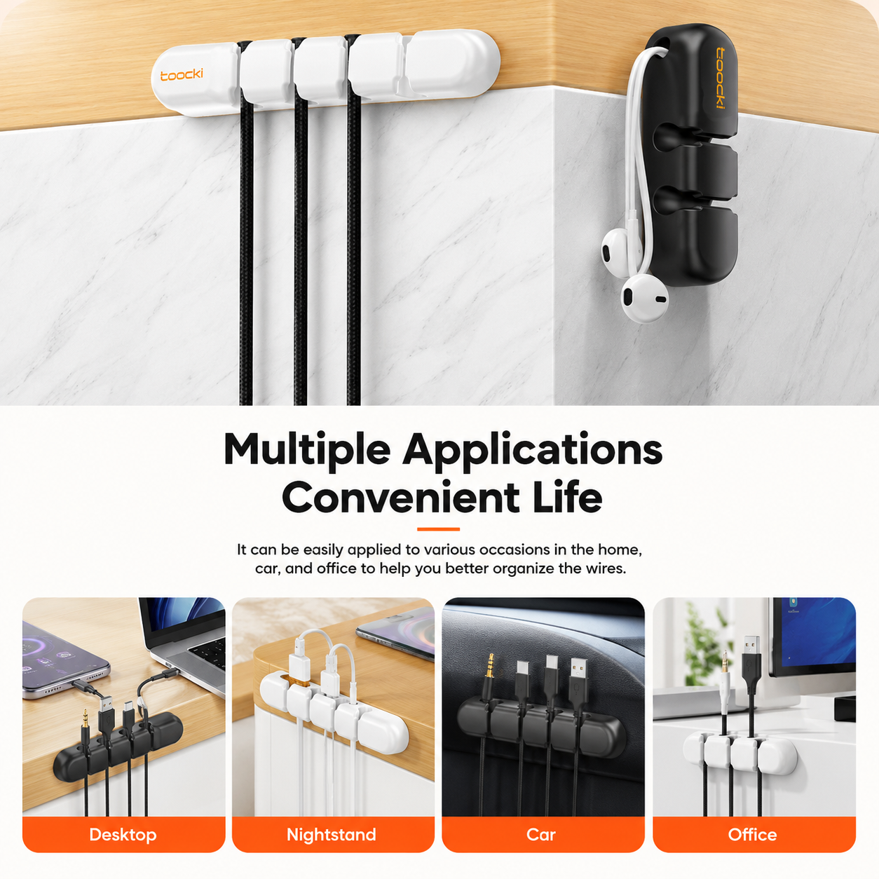 Boochi wall-mounted cable management system shown in a home office setting, with white and black magnetic cable clips holding various cables. The image includes text reading 'Multiple Applications Convenient Life' and four smaller lifestyle panels demonstrating use on a desk, nightstand, car, and office.