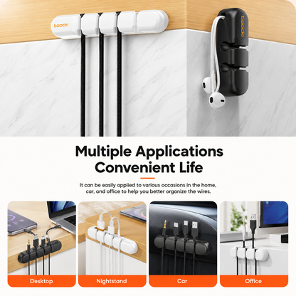 Boochi wall-mounted cable management system shown in a home office setting, with white and black magnetic cable clips holding various cables. The image includes text reading 'Multiple Applications Convenient Life' and four smaller lifestyle panels demonstrating use on a desk, nightstand, car, and office.