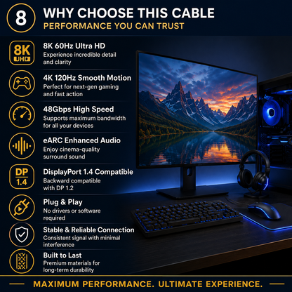 8K 60Hz DisplayPort Extension Cable DP 1.4 Male to Female 4K 120Hz 48Gbps
