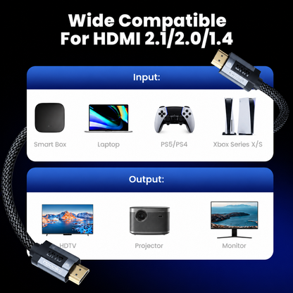HDMI cable shown on a dark background with large text reading 'Wide Compatible For HDMI 2.1/2.