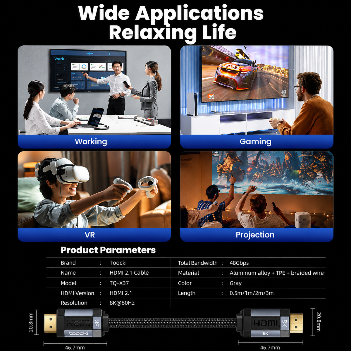 Promotional infographic for a Toocki HDMI 2.1 cable, showing four lifestyle application scenes (Working, Gaming, VR, Projection) above technical product parameters and a product dimension diagram of the cable ends.