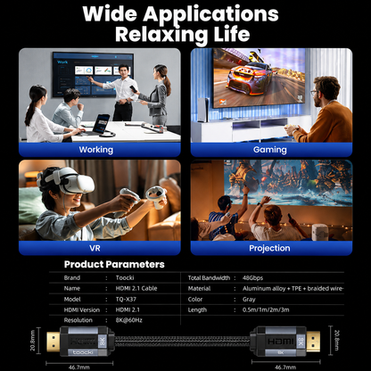 Promotional infographic for a Toocki HDMI 2.1 cable, showing four lifestyle application scenes (Working, Gaming, VR, Projection) above technical product parameters and a product dimension diagram of the cable ends.