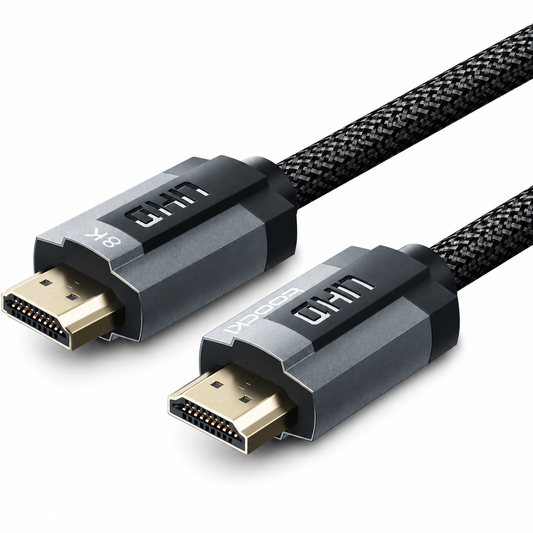 A close-up of a black braided HDMI cable with two 8K HDMI connector plugs, showing the gold-plated pins and the brand name 'OOOH' on the gray plastic housings, set against a clean white background.