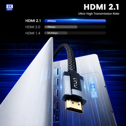 An 8K HDMI 2.1 cable shown with a close-up of the connector, set against a futuristic white and blue digital background.