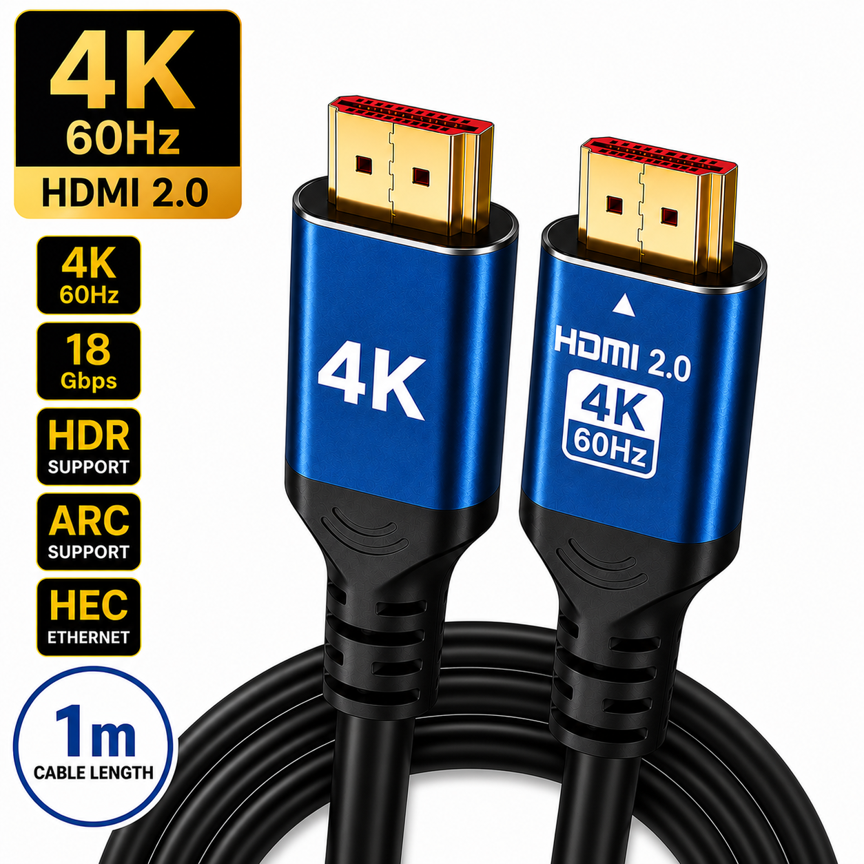 A 4K HDMI 2.0 cable with two blue and black connector heads and a coiled black cable on a white background, with feature callouts including 4K 60Hz, 18 Gbps, HDR support, ARC support, HEC Ethernet, and 1m cable length.