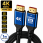 A 4K HDMI 2.0 cable with two blue and black connector heads and a coiled black cable on a white background, with feature callouts including 4K 60Hz, 18 Gbps, HDR support, ARC support, HEC Ethernet, and 1m cable length.