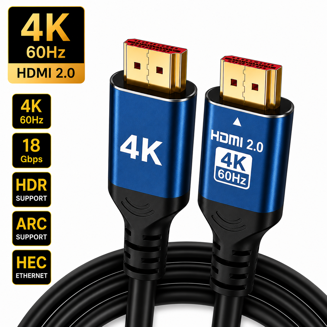 A black HDMI 2.0 cable with blue and gold connector housings, shown on a white background with feature callouts for 4K 60Hz, HDMI 2.