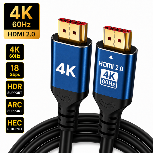 A black HDMI 2.0 cable with blue and gold connector housings, shown on a white background with feature callouts for 4K 60Hz, HDMI 2.
