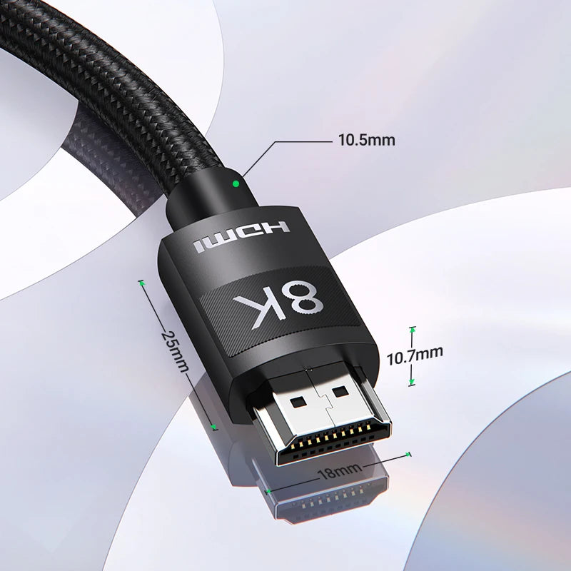 HDMI cable with '8K' branding on a light gray background