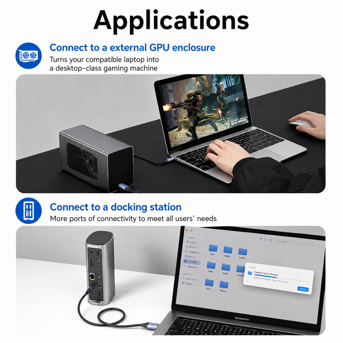 Applications section showing a compact external GPU enclosure connected to a laptop in two use cases: external GPU enclosure and docking station, with descriptive text on a light gray background.