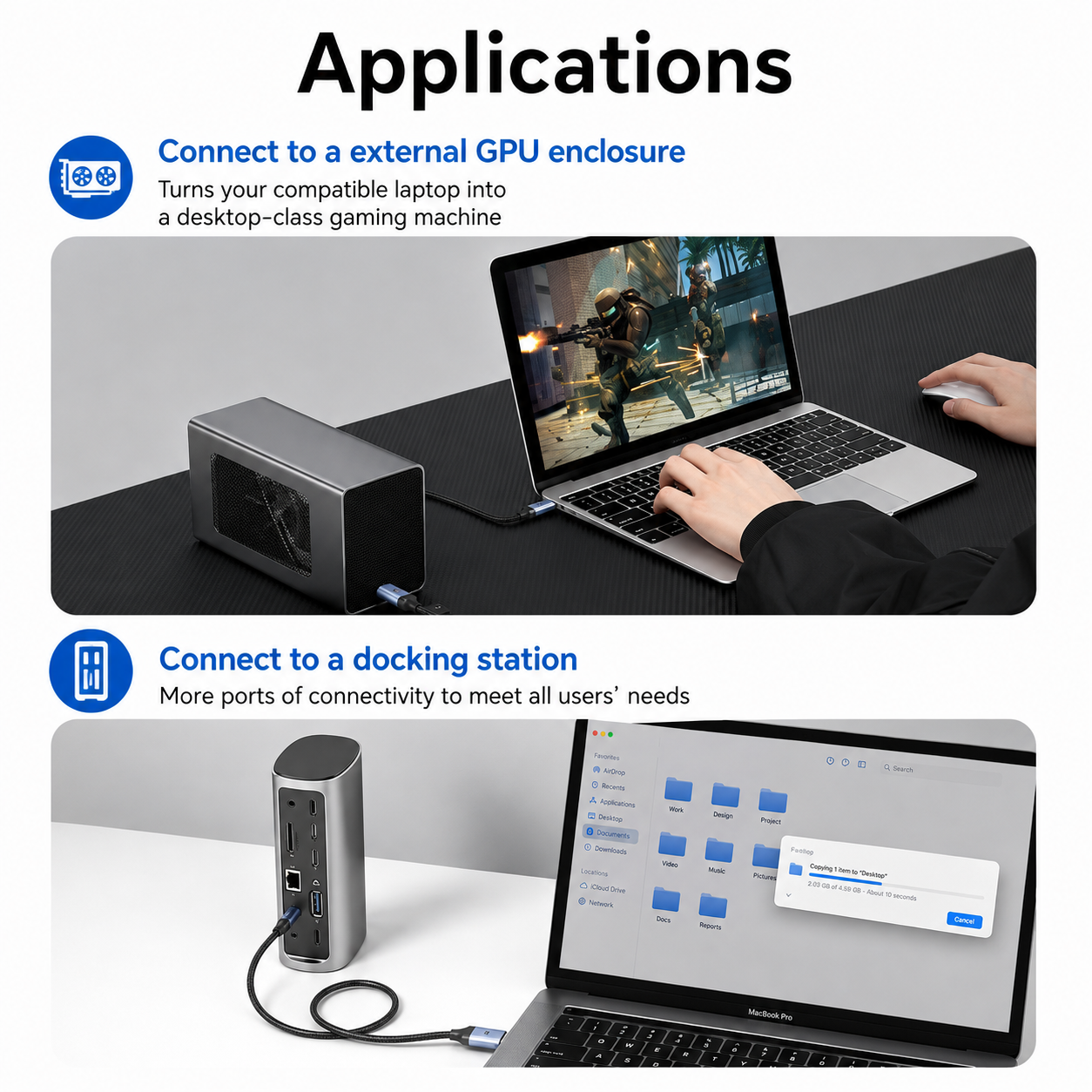 Applications section showing a compact external GPU enclosure connected to a laptop in two use cases: external GPU enclosure and docking station, with descriptive text on a light gray background.