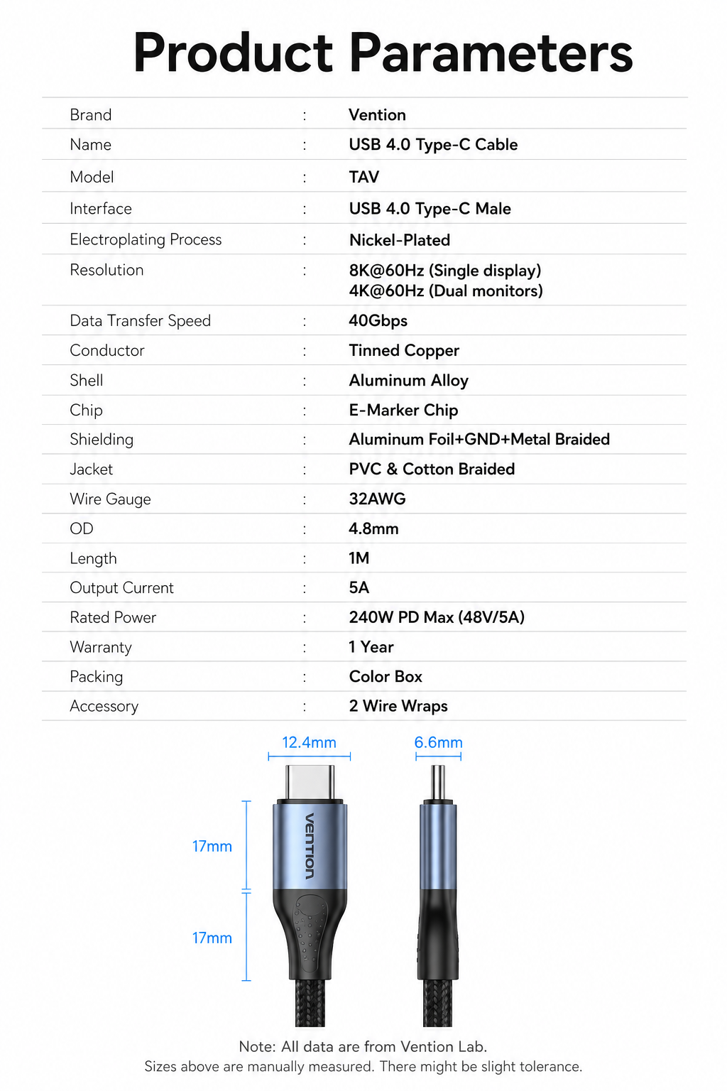A product parameters and accessory diagram for a Vention USB 4.0 Type-C cable.