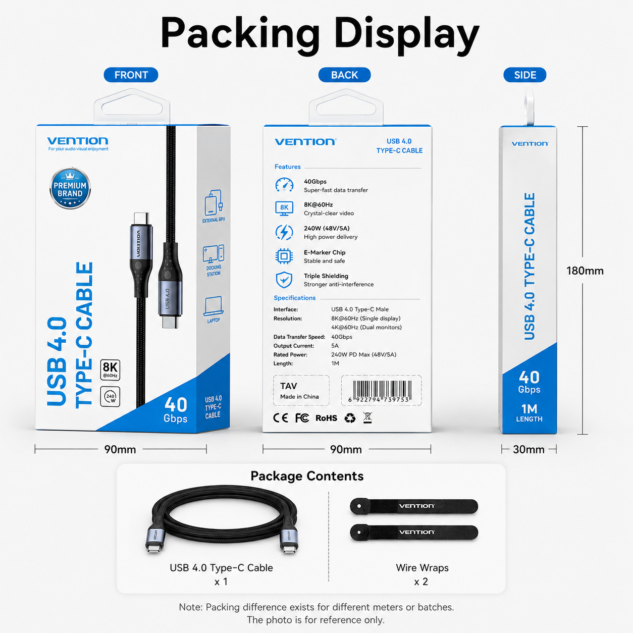 Packing display sheet for a Vention USB 4.0 Type-C cable, showing front, back, and side views of the retail box with dimensions, plus package contents including the black cable and two black wire wraps on a white background.