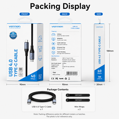 Packing display sheet for a Vention USB 4.0 Type-C cable, showing front, back, and side views of the retail box with dimensions, plus package contents including the black cable and two black wire wraps on a white background.