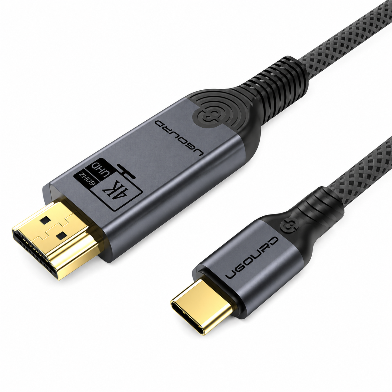 A Uloguard HDMI 2.0 to USB-C cable adapter with a black braided cable, black plastic connectors, and gold-plated metal contacts, shown on a white background.