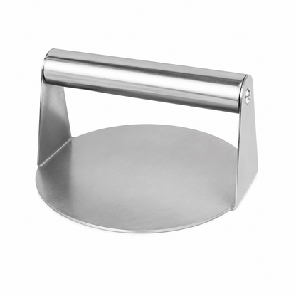 A stainless steel kitchen tool with a circular base and a curved top handle, shown on a plain white background.