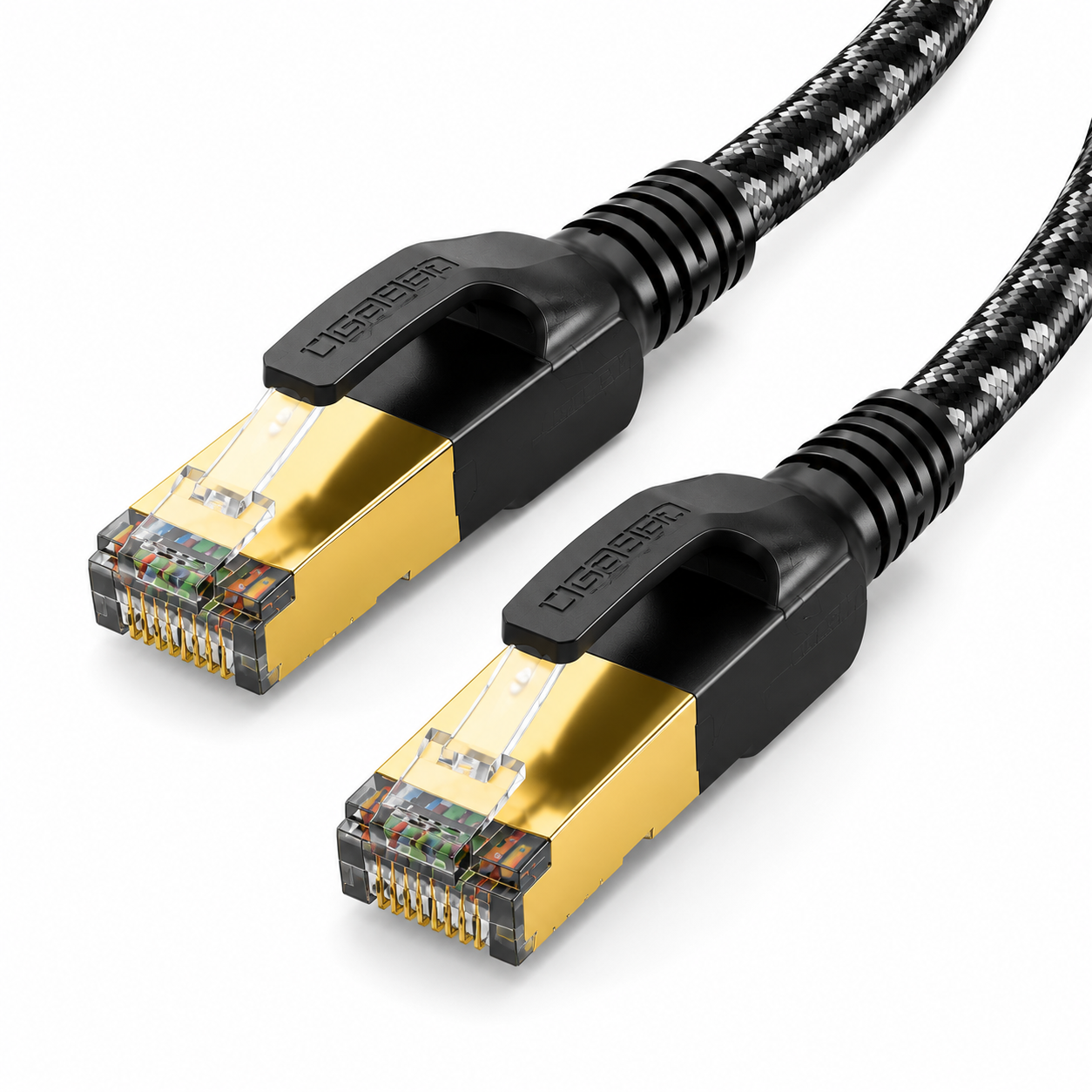 A close-up of a Cat6 Ethernet cable with RJ45 connectors, featuring a black braided outer jacket and gold-plated metal contacts, on a clean white background.